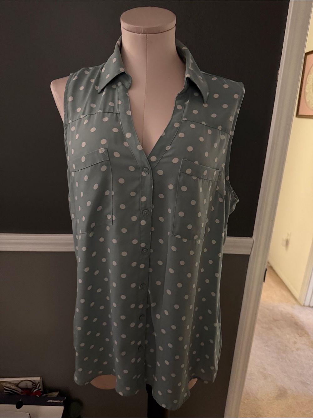 Sleeveless Sage Green Polka Dot Blouse - Classic Collar